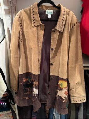 Embroidered Western Suede Jacket - Tan & Dark Brown